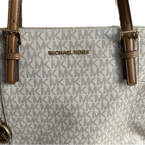 Michael Kors Jet Set Logo Top-Zip Tote Bag Cream & Brown EUC - Picture 6 of 10